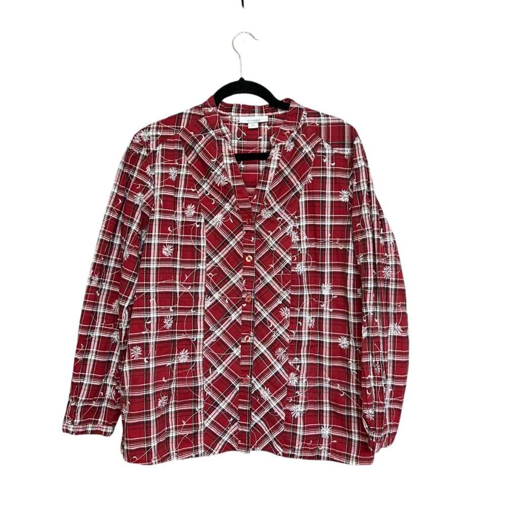 Dressbarn Womens Red Country Plaid Button Front Long Sleeve Blouse Plus Size 1X